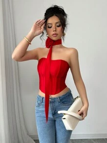 Elenzga Top corto con bandeau estilo flor de rosa, color rojo, adecuado para el Día de San Valentín, citas nocturnas, uso informal