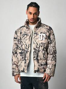 ROMWE MEN Street Life Men's Street Style Graffiti Print Cropped Winter Jacket - Multicolor - View 5