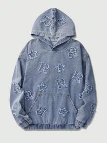 ROMWE MEN Street Life Men's Casual Water-Washed Star & Letter Print Hooded Denim Jacket, Autumn - Blue - View 1