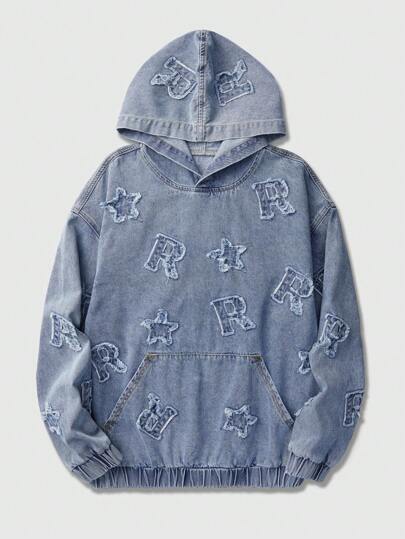Street Life Men's Casual Water-Washed Star & Letter Print Hooded Denim Jacket, Autumn