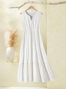 EMERY ROSE 大码女式 V 领无袖荷叶边下摆休闲白色夏季连衣裙 - 白色 - 查看 3