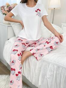 Women Cute Cartoon Sloth & Heart Pattern Pajama Set - Multicolor - View 3