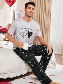 CoupledUp 2pcs/Set Men Heart & Letter Print Space Pajamas Set