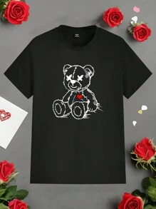 SHEIN EZwear Casual Simple Couple Bear Heart Printed Loose Round Neck Short Sleeve T-Shirt For Women, Suitable For Summer Suitable For Going Out - Black - View 4