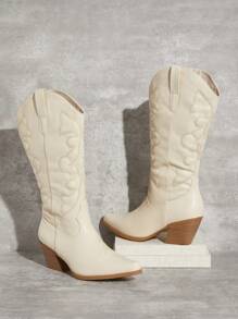 SHUZIA 女士时尚缝线细节及膝粗跟靴，女式牛仔靴 - 米色 - 查看 2