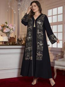 Al Najma Traditional Luxury Elegant Long Sleeve Embroidered Robe Kaftan Jalabiya Dress - Black - View 3