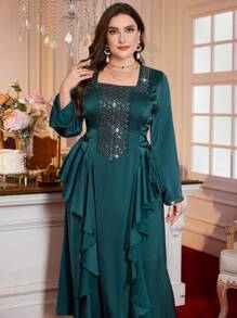 Al Najma 全新时尚方领长袖刺绣亮片侧系腰修身连衣裙 - 墨綠色 - 查看 6