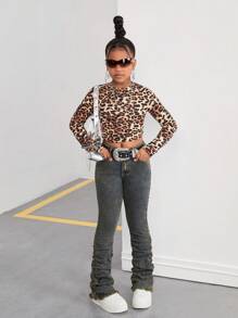 SHEIN Quần ống loe xếp ly màu xanh dương vintage kiểu Y2K dành cho bé gái, phong cách đường phố mùa thu. - Rửa tối - Xem 3