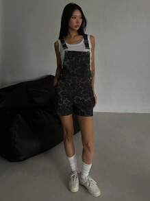 DAZY 女士牛仔豹纹背带短裤，简约时尚休闲连体裤，适合日常穿着 - 咖啡棕 - 查看 6