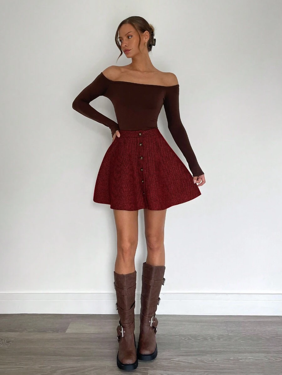 SHEIN Essnce New Autumn/Winter Classic Maillard Houndstooth Print A-Line Mini Skirt For Women - Red - View 1