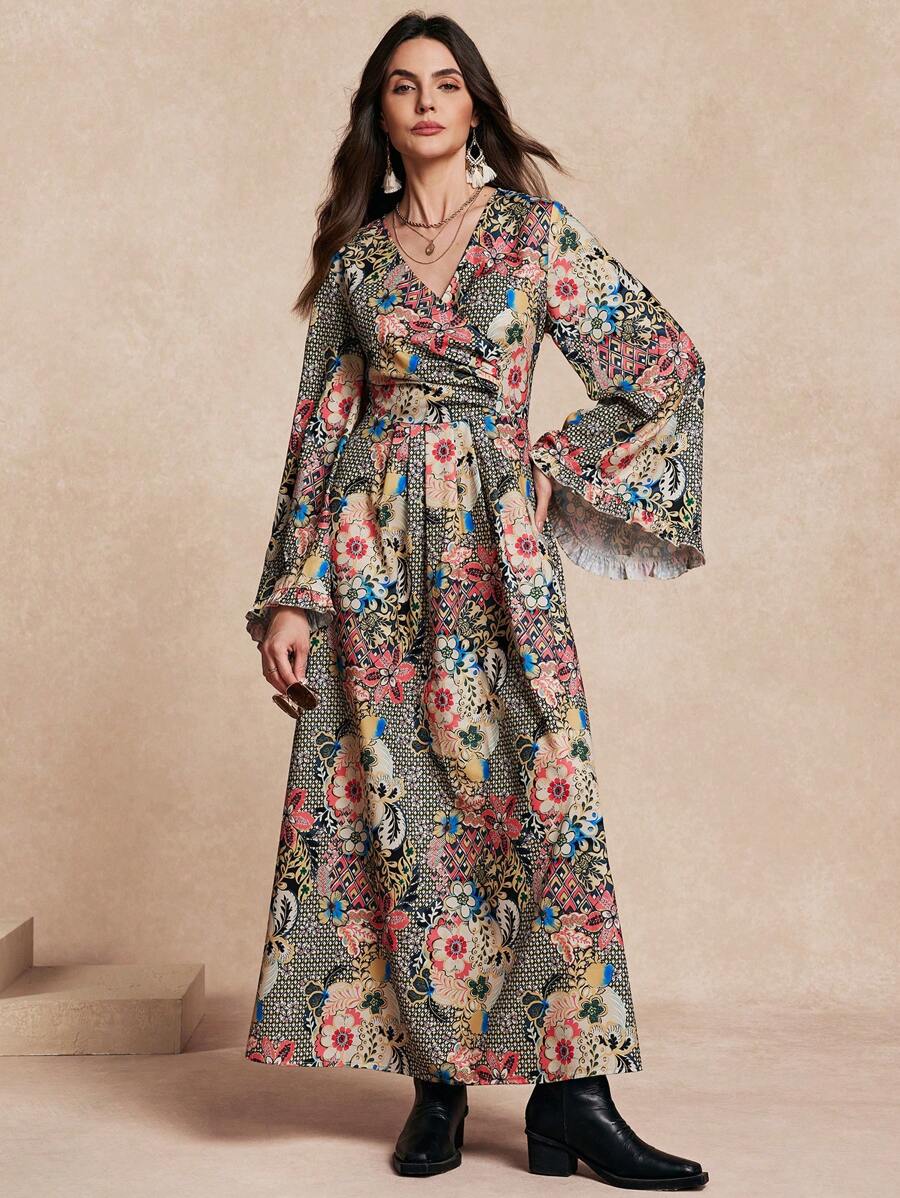 SHEIN Unity Women Floral Print Flare Sleeve Elegant Dress - Multicolor - View 1