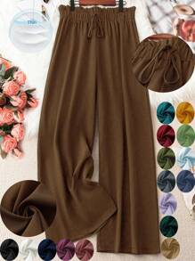 Plus Size Tie Detail Paperbag Waist Pants - Brown - View 1