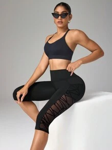 Easithlete 卡普里网眼拼接口袋瑜伽运动紧身裤 - 黑色 - 查看 5