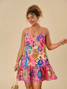 Travachic Vestido de verano de tallas grandes con estampado multicolor bohemio y tirantes