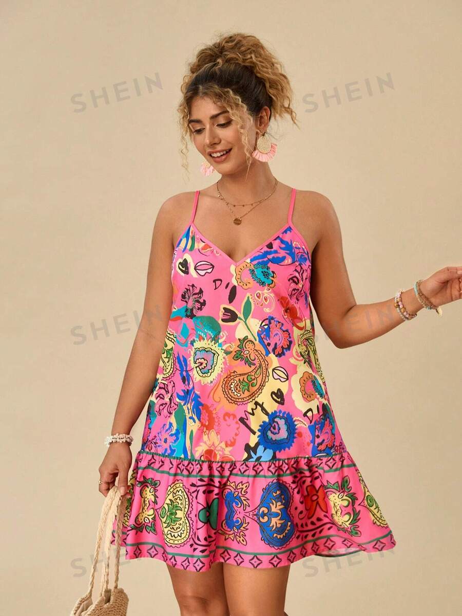 Travachic Vestido de verano de tallas grandes con estampado multicolor bohemio y tirantes