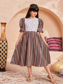 SHEIN Tween Mädchen Casual Vacation Gestreiftes & Blumen Patchwork Puffärmel Stufen Midikleid