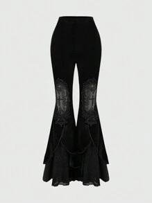 ROMWE Goth Pantaloni evazați pentru damă, din dantelă, cu tiv asimetric