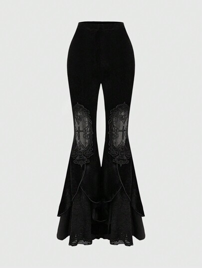 Goth Women's Lace Patchwork Asymmetrical Hem Flare Leg Trousers