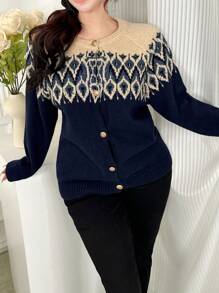 Seusyu Women's Geometric Pattern Crew Neck Raglan Sleeve Casual Cardigan, Autumn/Winter - Multicolor - View 2