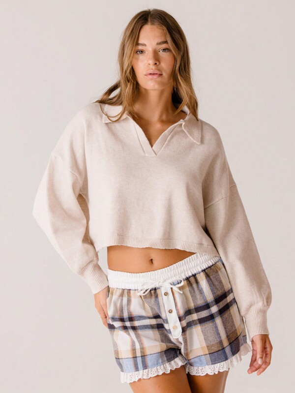 Aralina Suéter corto vintage de hombros caídos y cuello con atractivo vintage, súper suave