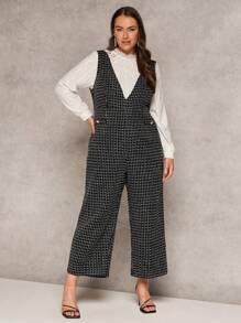 SHEIN Clasi Plus Size Women's Plaid Deep V-Neck Loose Wide Leg Elegant Jumpsuit - Black - View 3