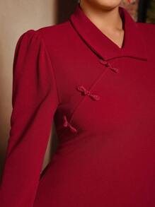 SHEIN VCAY Robe à manches longues pour femmes de grande taille avec col, couleur unie élégante - Rouge - Voir 3