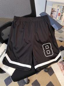 SHEIN 2 件青少年男孩休闲短袖衬衫 + 短裤套装，街头朋克摇滚学校日常外出派对音乐节服装，适合春夏季，男孩服装青少年服装篮球服，运动，数字和英语，色块 - 彩色 - 查看 8
