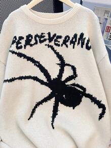 SHEIN Suéter de punto con estampado de araña de moda callejera casual, cómodo y versátil de cuello redondo y suelto para adolescentes varones. Apto para homecoming, renacimiento, atuendos de otoño, ropa de adolescentes varones, chaquetas de otoño, atuendos de otoño para otoño/invierno