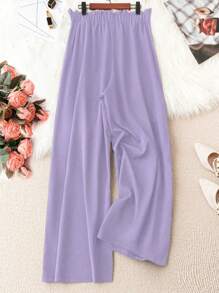 SHEIN LUNE Women's Solid Color Elastic Waist Plus Size Pants