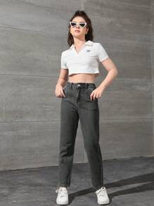 SHEIN 青少年女孩高腰直筒牛仔裤，适合夏季休闲日常穿着 - 黑色 - 查看 4