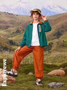 SHEIN 2pcs Boys' Fashionable Water-Resistant Jacket And Drawstring Pants Set For Outdoor Casual Wear
