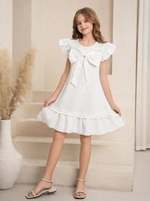 Tween Girls Round Neck Bow Faux Pearl Beaded Cap Sleeve A-Line Dress, Cute & Playful, Ruffled & , Suitable For Valentine's Day, Wedding, Birthday Party, Flower Girl & Bridesmaid, Casual - White - View 3