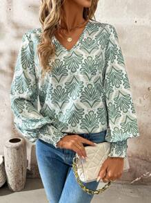 SHEIN Clasi Damen Grün Blumenmuster V-Ausschnitt Langarm Loose Bluse, Herbst Langarm Top Urlaubsoutfit Frauen Langarmhemd - Grün - Übersicht 1