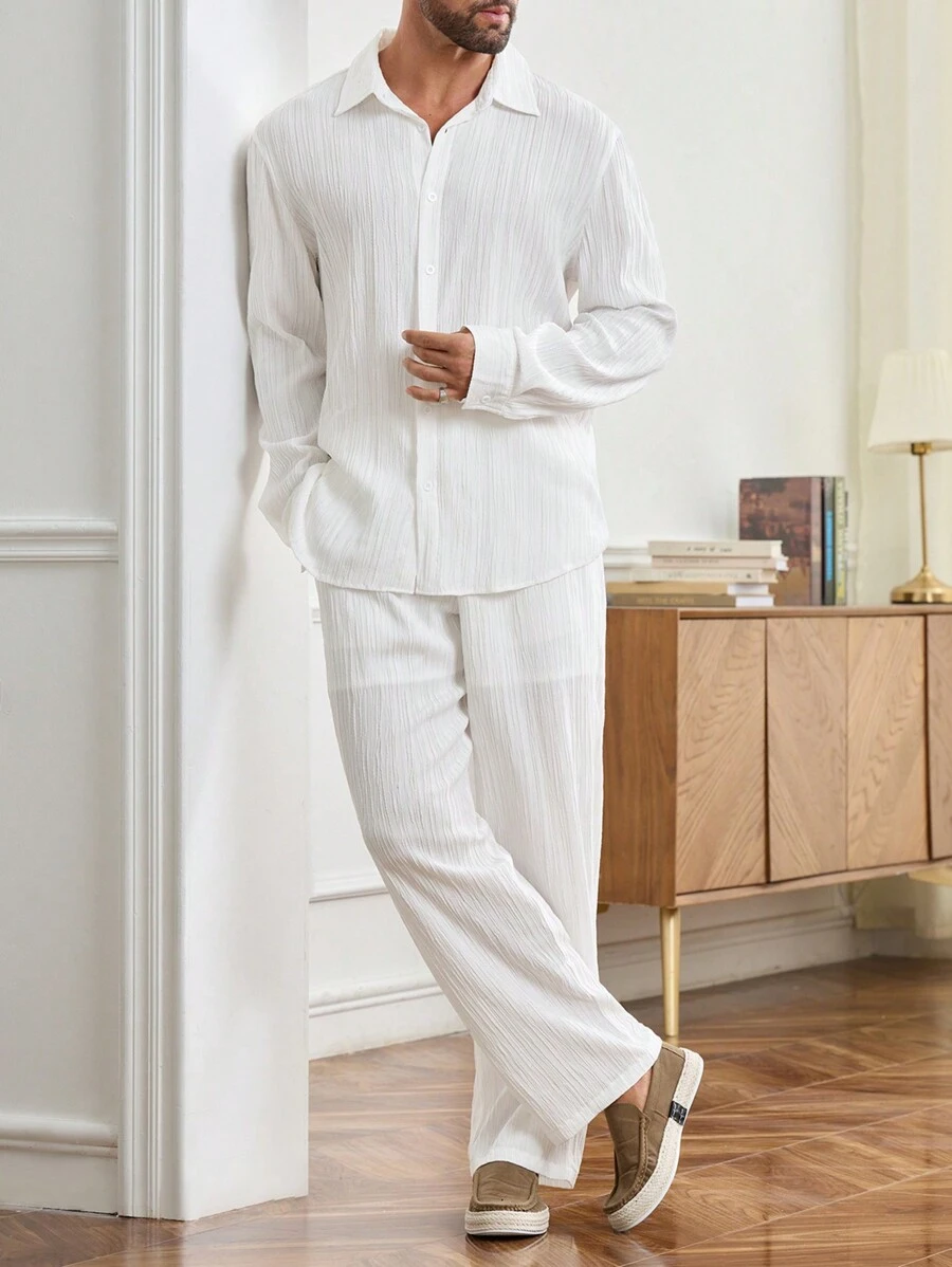 Manfinity Homme Men Solid Button Up Shirt & Pants - White - View 1