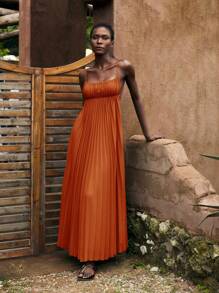 Maija Women's Versatile Orange Red Decoration Casual Urban Vacation Beach Outfit, Modern Loose Linen Color Shirt Collar Pleated Mid-Length Dress,Sun Dress Sun Dress All-Match Summer Clothing For All Seasons, Modern Holiday Fashion Design, Comfortable Beach Beach Clothing, Bohemian Style, Isabi Island Holiday Wear, Summer Dopamine Holiday Wear, Ins Same Style Holiday Style, Exotic Atmosphere, Country Concert, Western Style Clothing Modern Holiday Bohemian Casual Women's Wear With Large Skirt And Pleated Design - Orange - View 1