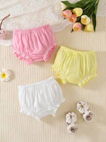3pcs Set Baby Girl Lace Trim Comfy Bodysuit Bottoms, Pink/Yellow/White - Multicolor - View 1