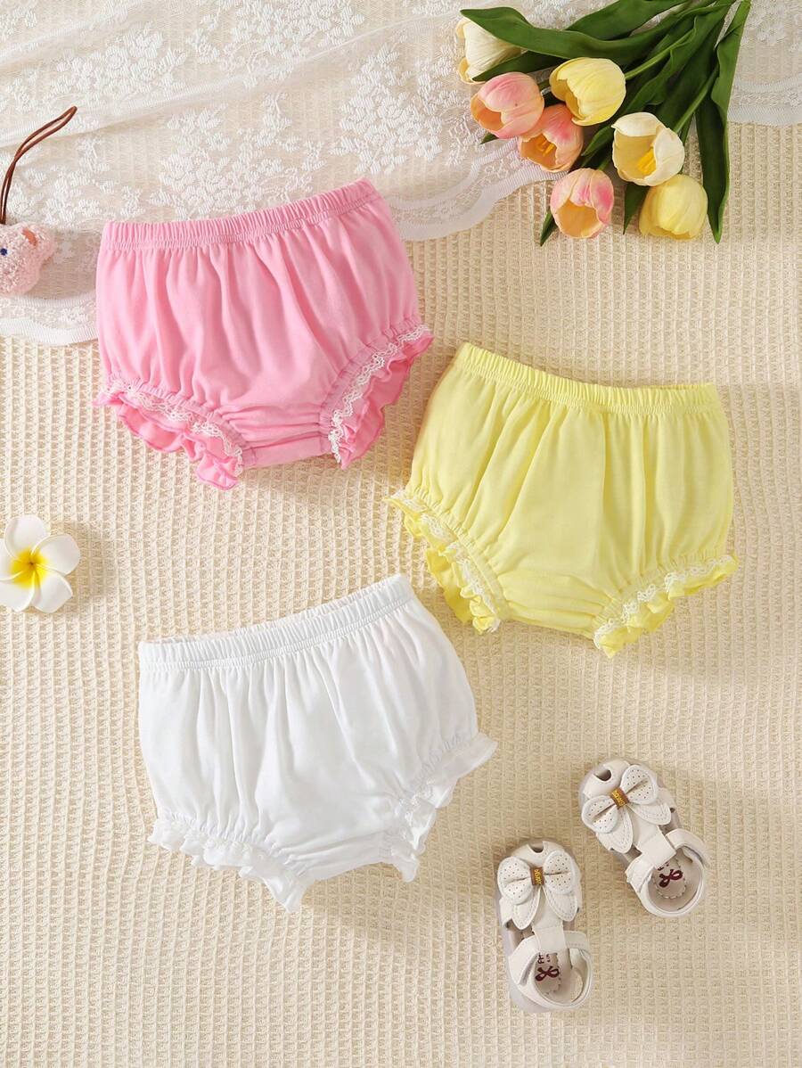 3pcs Set Baby Girl Lace Trim Comfy Bodysuit Bottoms, Pink/Yellow/White - Multicolor - View 1