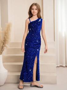 SHEIN 青少年女孩花童修身单肩镂空珠饰亮片长款礼服，适合婚礼派对生日活动场合 - 藍色 - 查看 3