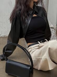 DAZY 女士纯色前扣长袖休闲 PU 皮夹克，日常穿着，秋季服装 - 黑色 - 查看 8