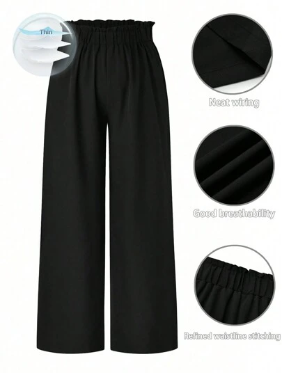 SHEIN LUNE Plus Size Women's Solid Color Elastic Waist Wide Leg Loose Pants With Ruffled Hem Fall Cloth For Women