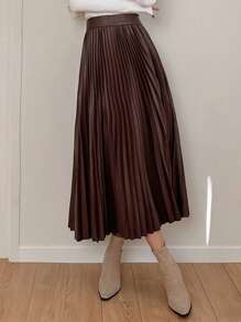 DAZY Women Plain Pleated PU Leather Casual Skirt,Back To School Clothes - Coffee Brown - View 6