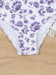 SHEIN Tween Girls' Floral Print Neck Tie Halter Bikini Set - Purple - View 4