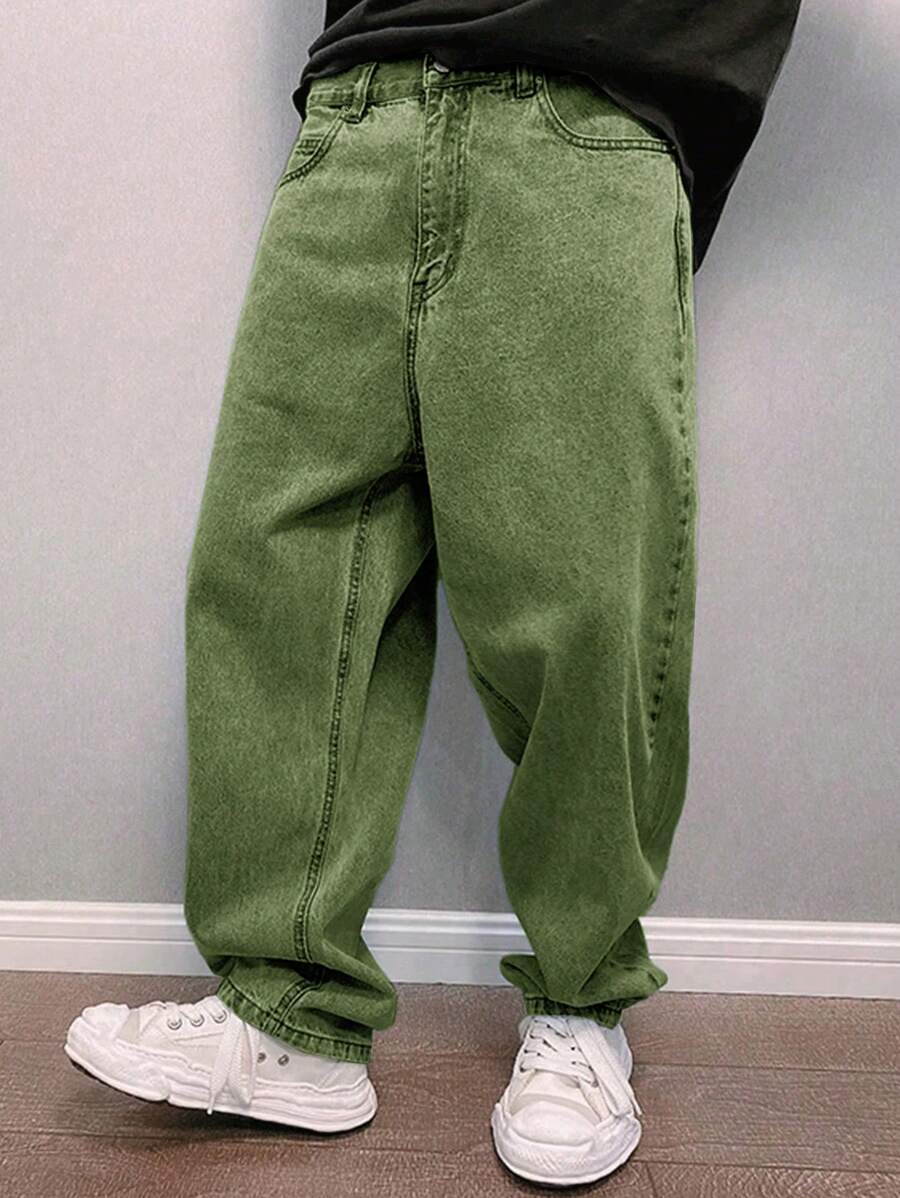 STEELVANCE Loose Fit Men's Slant Pocket Straight Leg Jeans - Army Green - View 1