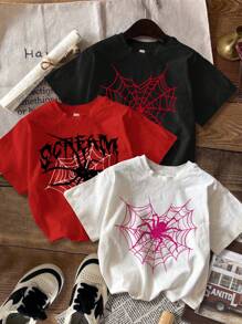 SHEIN EZwear 3 件套休闲简约蜘蛛网印花圆领短袖短款女式 T 恤，适合夏季 - 彩色 - 查看 7