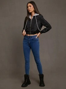 SHEIN Essnce Chamarra con capucha con cordón 2 en 1 con cremallera - Negro - Ver 3