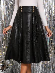 Ellevyn Elegant Female Black Serpentine Stretch Button Detail Fold & Pleat Detail Skirt - Black - View 2