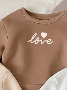 SHEIN 3 件套年轻女孩休闲简约心形图案加厚保暖内衬长袖运动衫，适合秋冬季