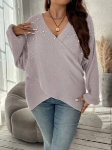 SHEIN Clasi Plus Size Autumn/Winter Casual Beaded Decor Crossed Wrap Knit Sweater - Dusty Pink - View 6