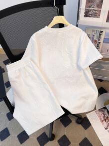 SHEIN Leap Crew 2pcs Set Teen Boy's Short Sleeve T-Shirt & Shorts Casual 2pcs/Set Letter Embossed, Urban, Basic, Plain;Spring Wear; Teen Boys' Clothing; Teen Boy' Jackets, Spring Back To School - White - View 2