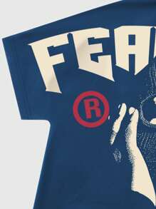 ROMWE MEN Street Life 男士宽松街头人物图案印花短袖 T 恤，夏季高街复古 - 藍色 - 查看 4